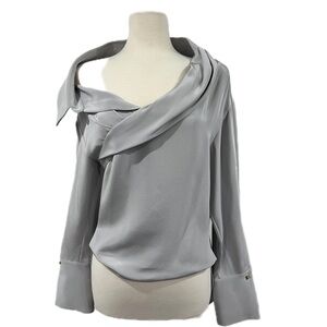 EllERY Elegant Draped Off-Shoulder Silk Blouse - Light Gray